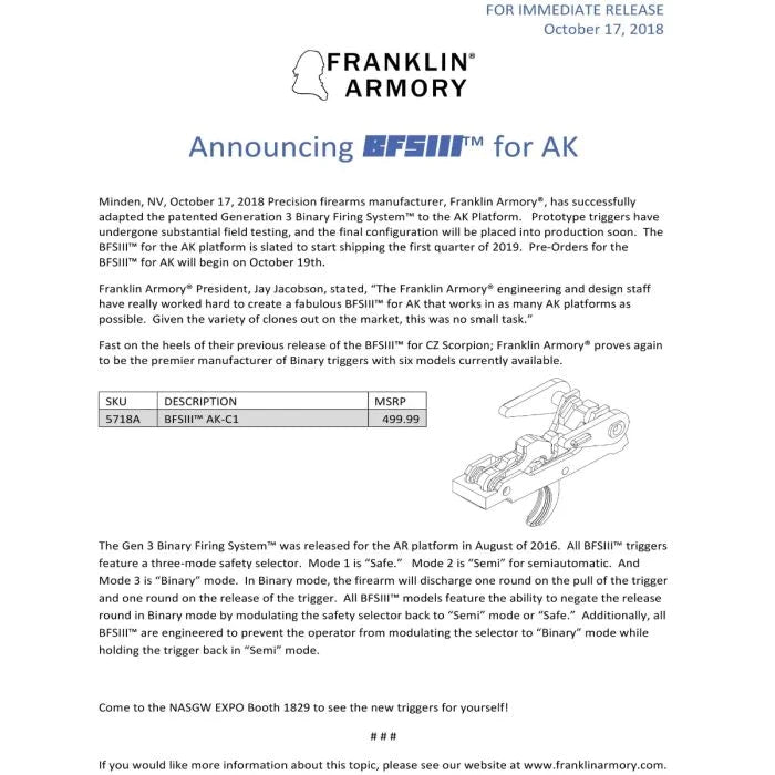 Franklin Armory BFSIII AK-C1 Binary Firing System III Trigger - For most AK platforms | Curved Trigger